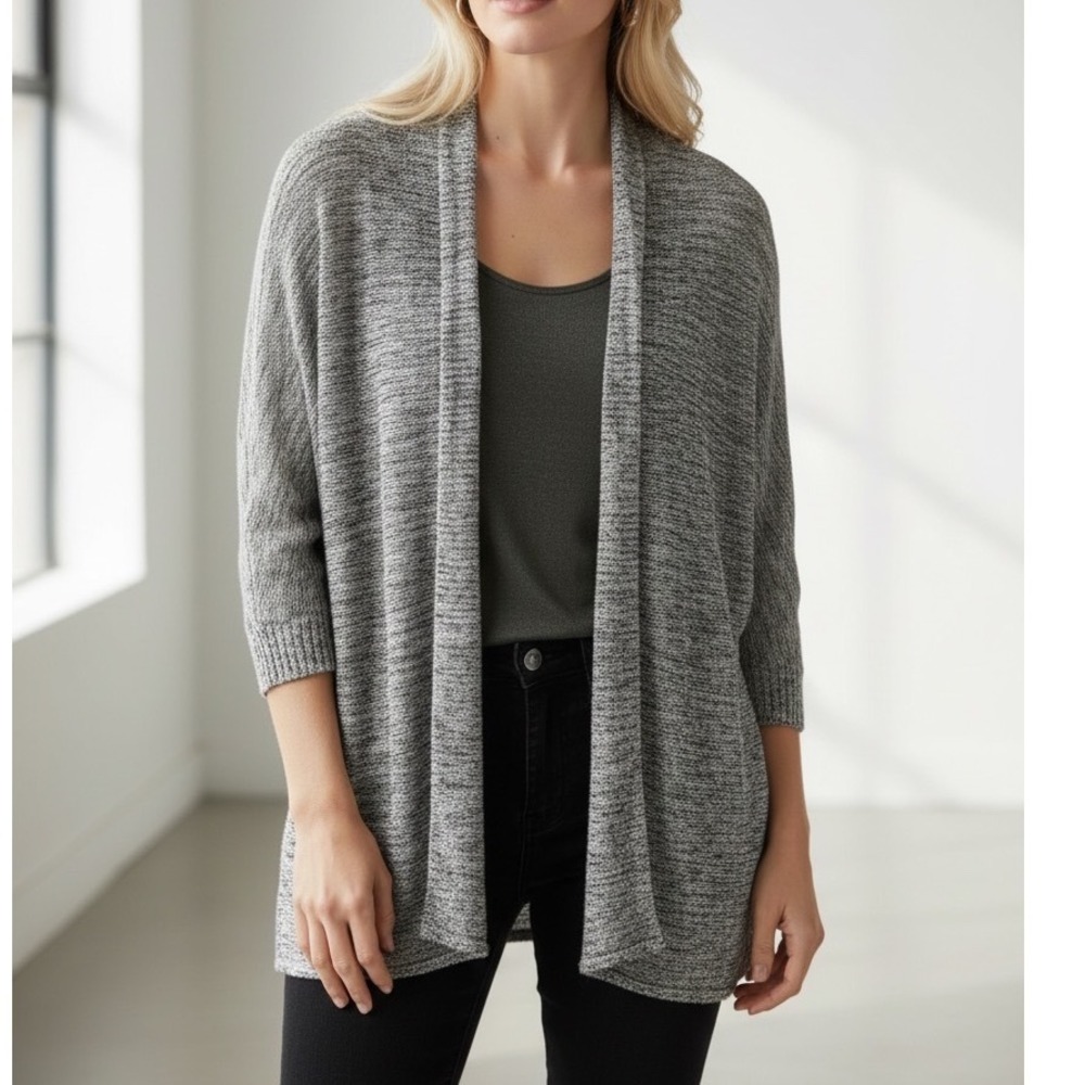 Stylus Womens XL Gray Marled Open Front Cardigan Cotton Blend 3/4 Sleeve Sweater